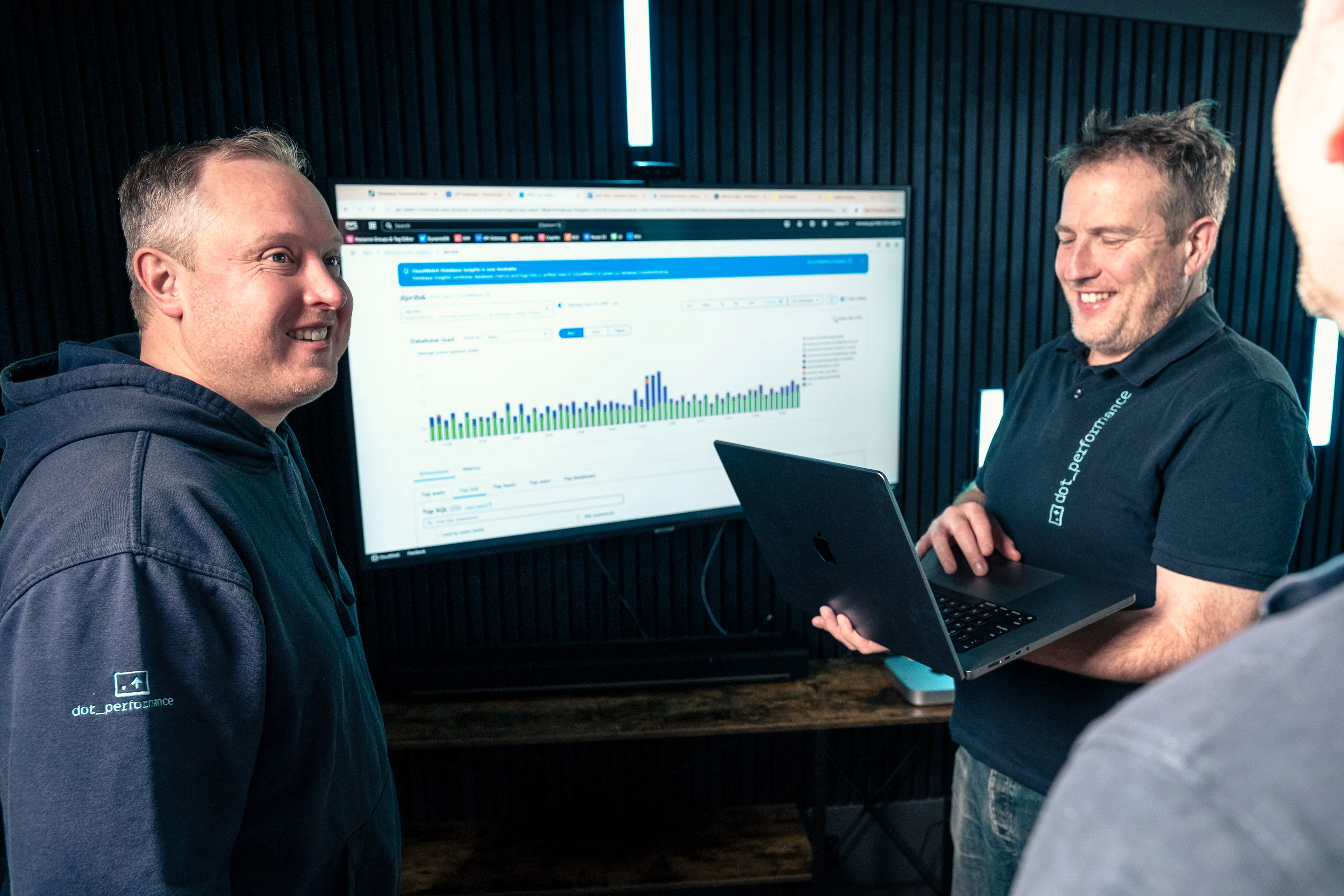 Juan Readshaw and Simon King reviewing a database analytics dashboard at DotPerformance studios on the Isle of Man, with system performance data displayed on a large monitor behind them