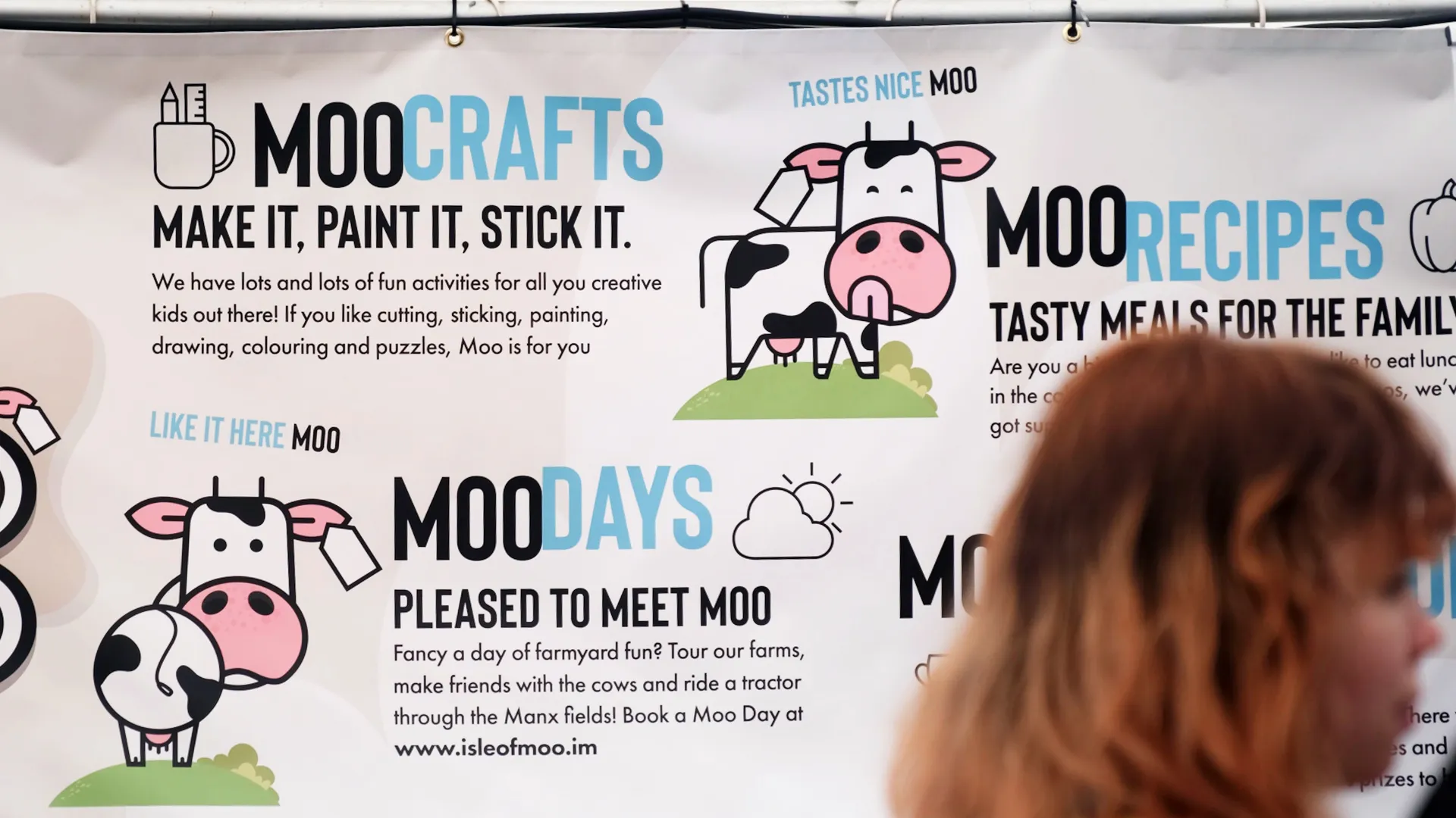 Isle of Moo event banner displaying Moo Crafts and Moo Days sections with the cartoon cow character, promoting isleofmoo.im to families on the Isle of Man