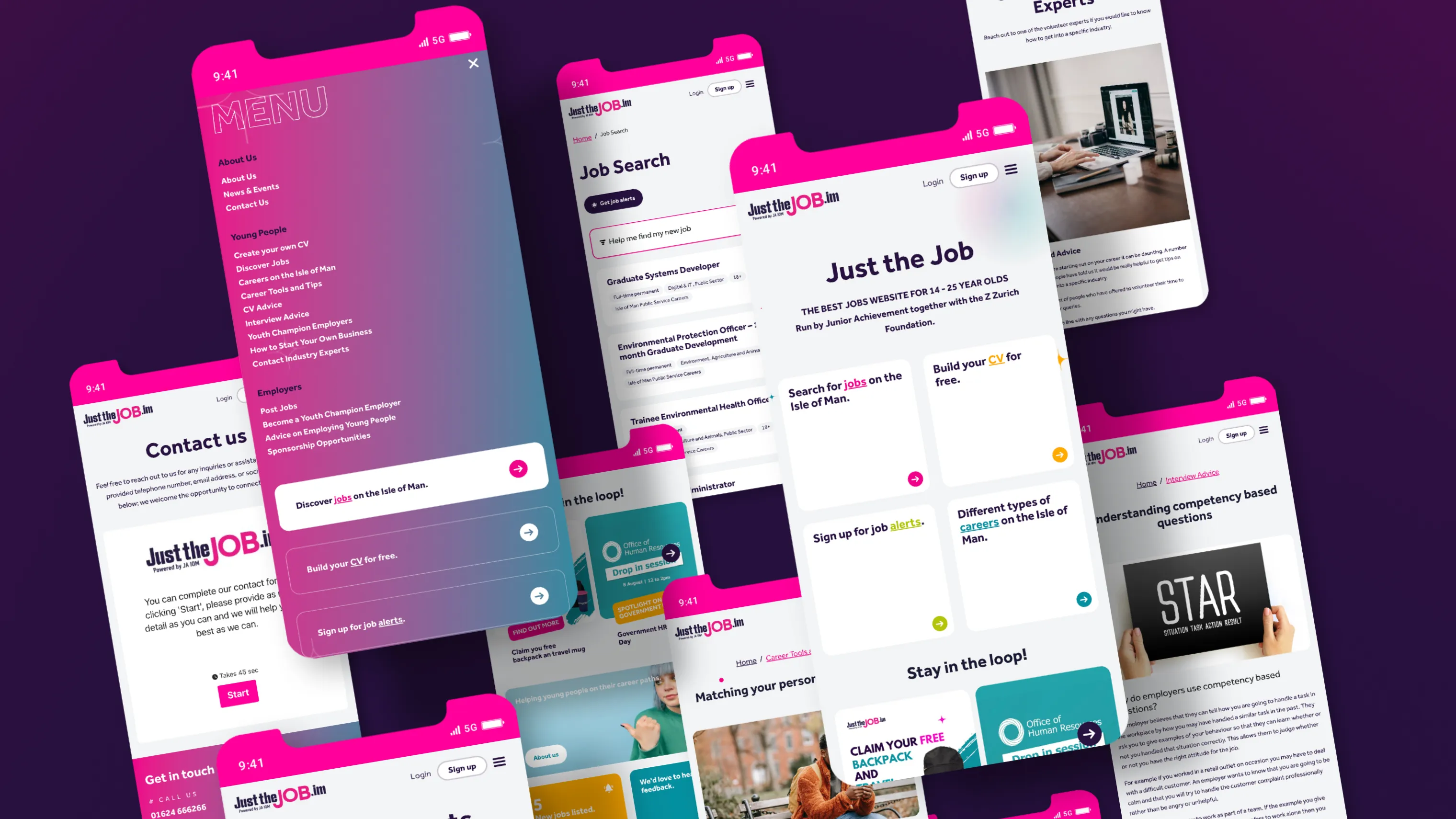 Mobile and desktop screen mockups of the Just the Job platform designed by DotPerformance, showing the homepage, job search, CV builder, and career resources sections of the Junior Achievement Isle of Man youth employment website