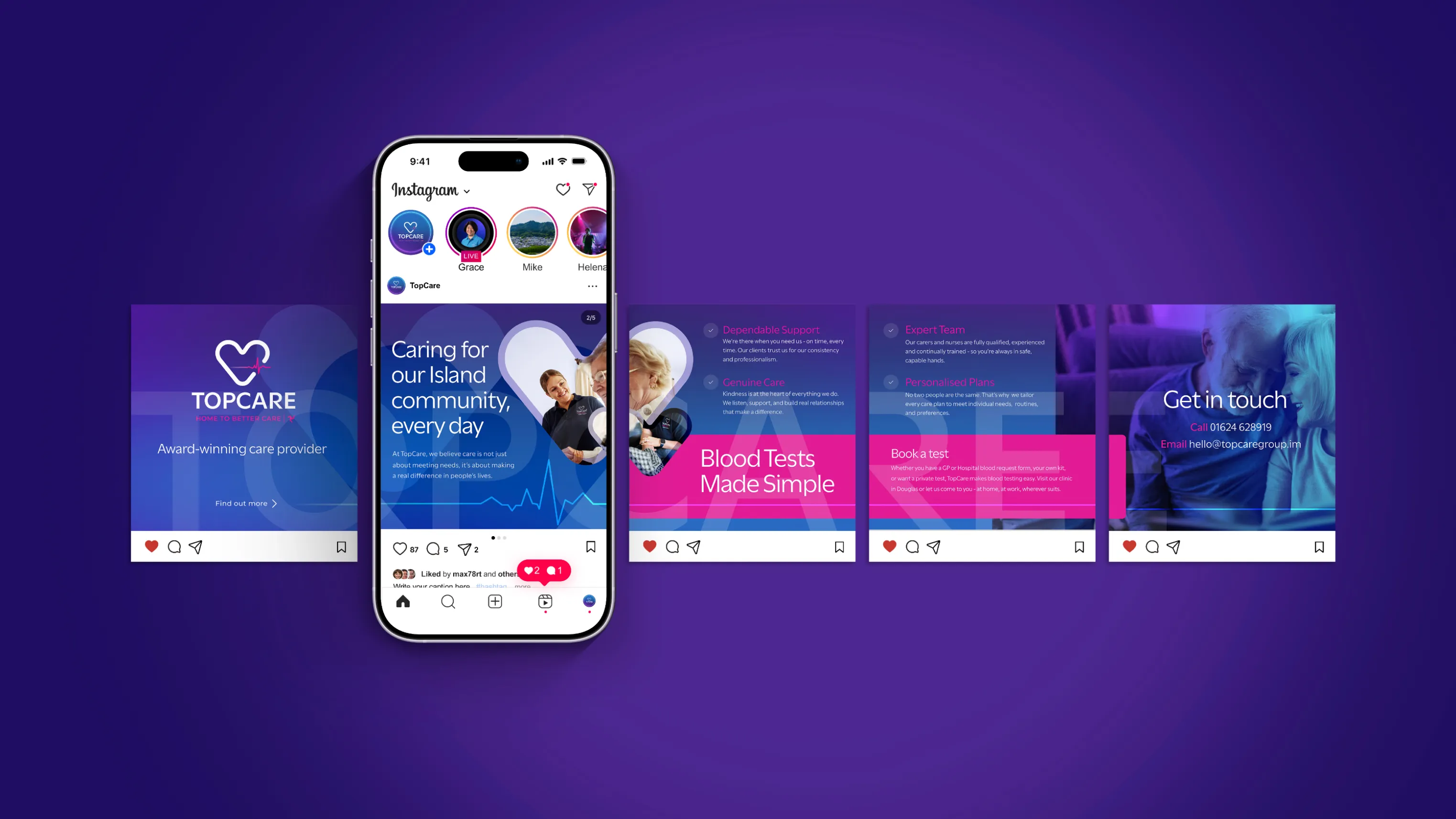 Mobile phone displaying TopCare's Instagram profile and social media content with purple and pink branding