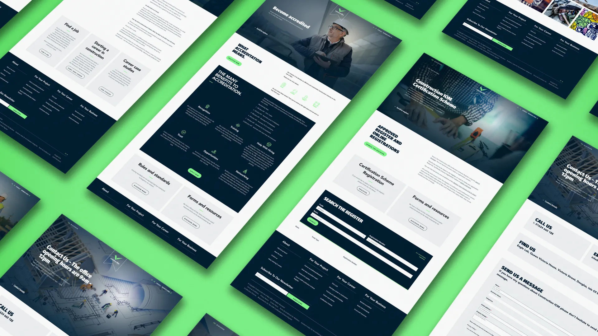 An overhead spread of Construction Isle of Man website page mockups designed by DotPerformance, showing the Become Accredited page, accreditation benefits, rules and standards, Search the Register, forms and resources, and contact page