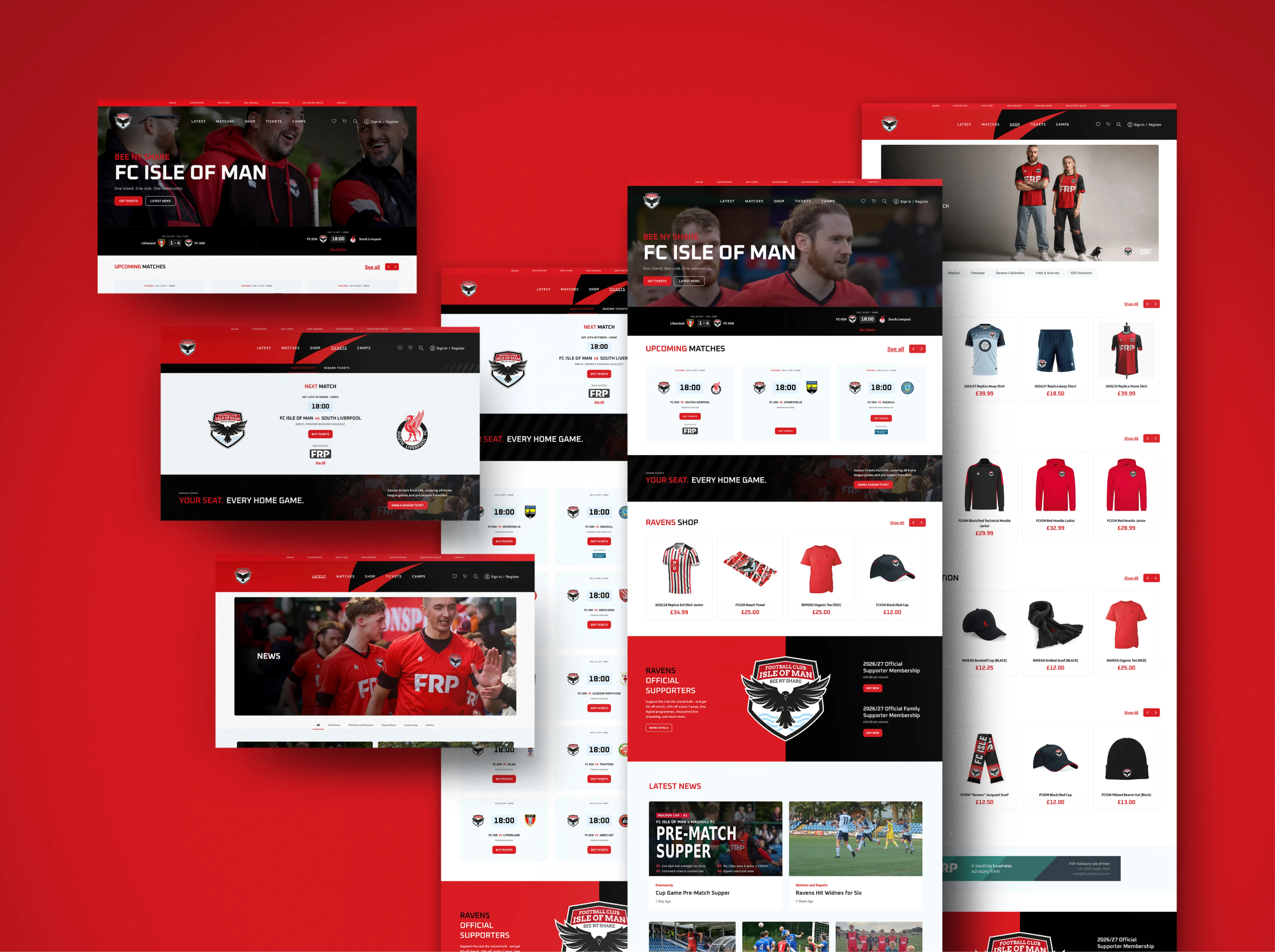FC Isle of Man website pages by DotPerformance, showing the homepage, upcoming fixtures with kick-off times, the club shop and latest news