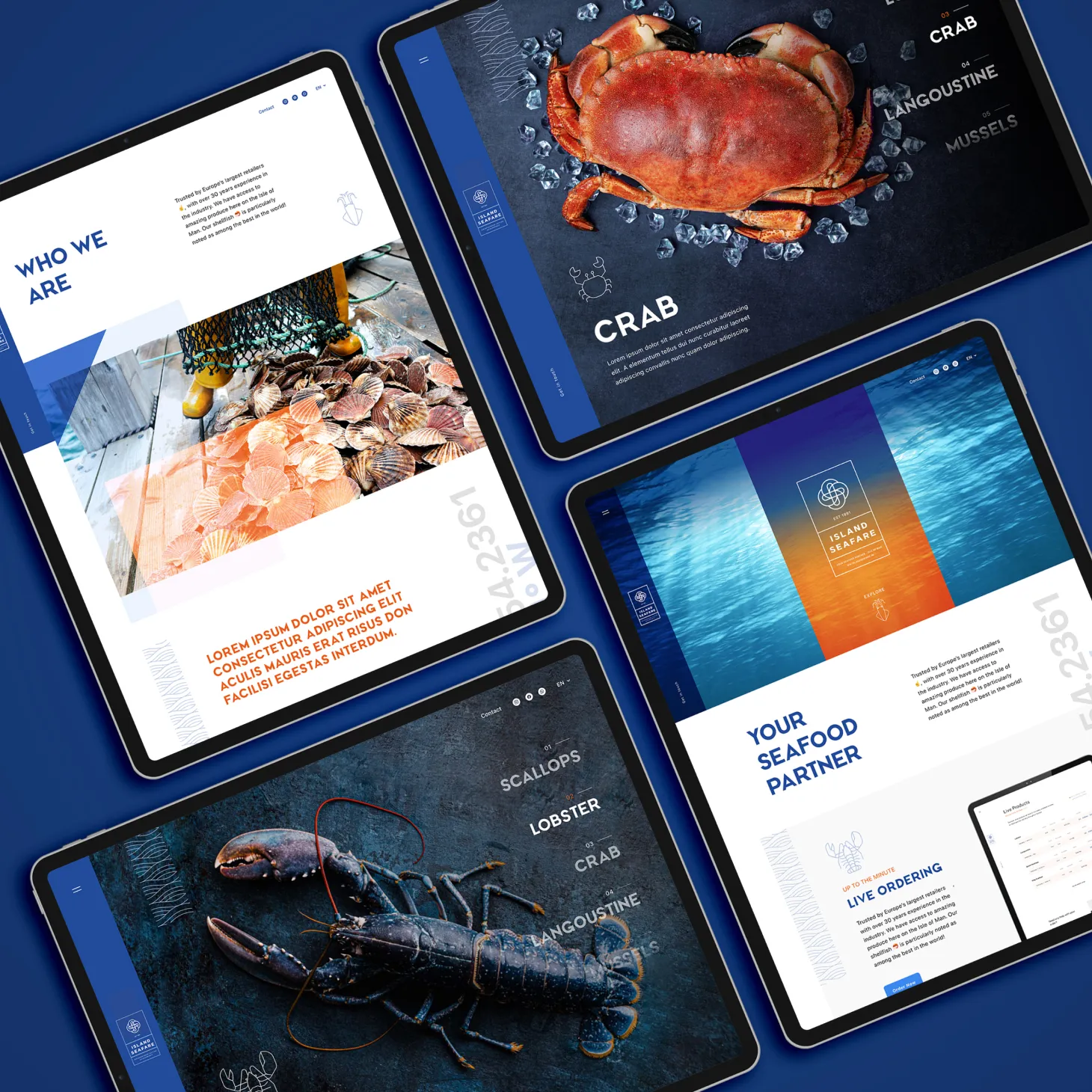 Island Seafare website and digital brand shown across four tablet screens displaying crab, lobster, who we are, and seafood partner pages, designed by DotPerformance for an Isle of Man shellfish business