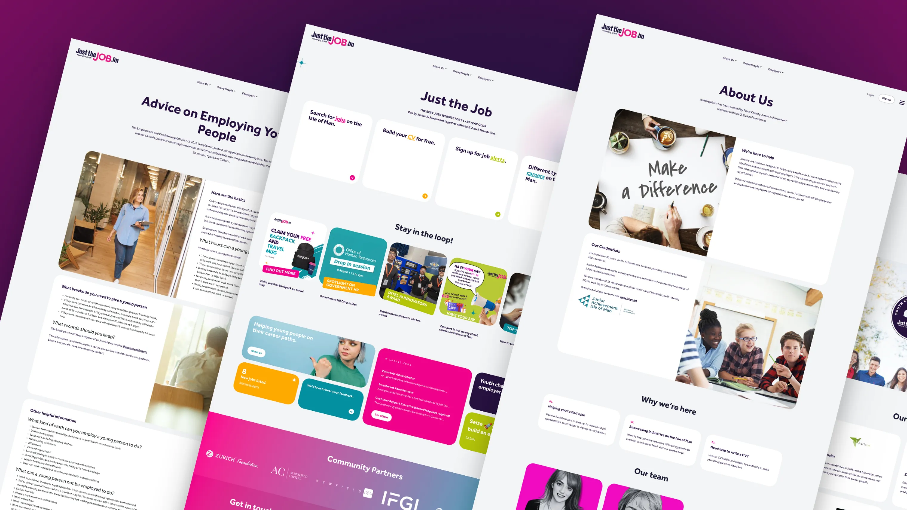 Three desktop page mockups from the Just the Job platform designed by DotPerformance, showing the Advice on Employing Young People page, homepage, and About Us page for the Junior Achievement Isle of Man youth employment website