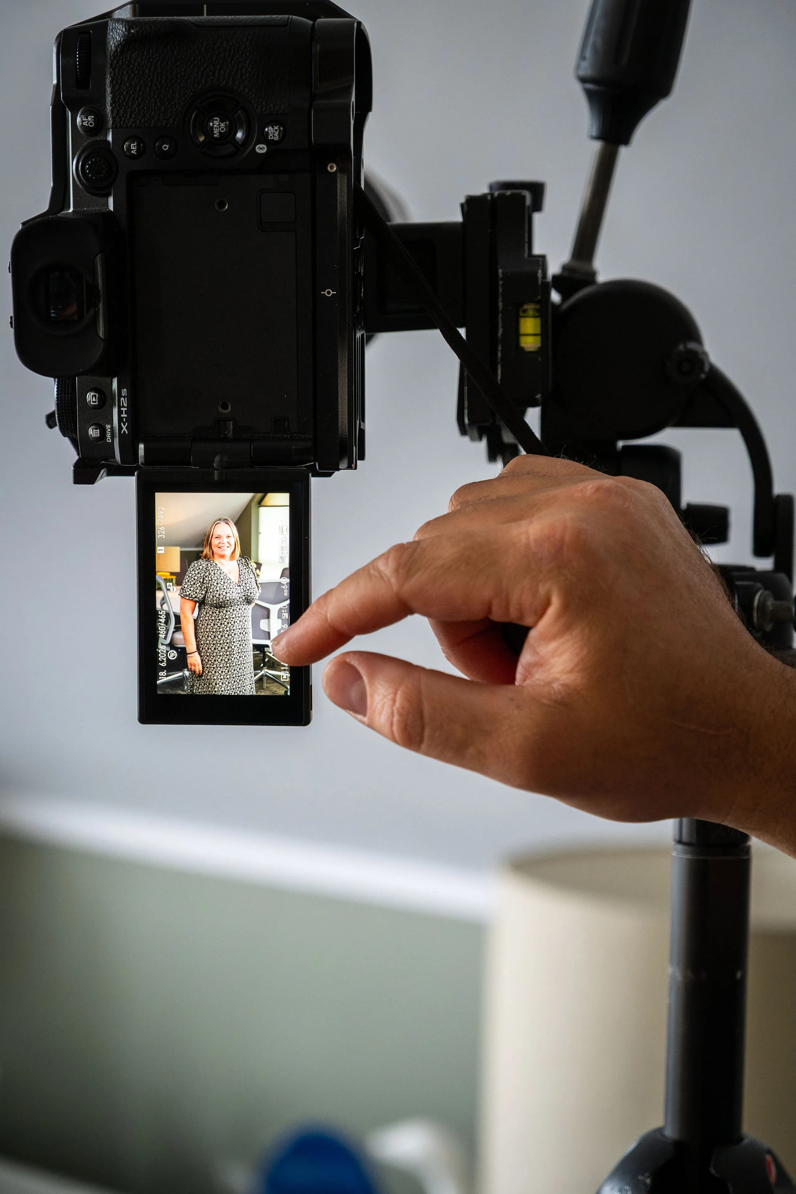 Reviewing a portrait of Sara Vaughan on the Fujifilm X-H2S camera screen during the Boal & Co portrait session.
