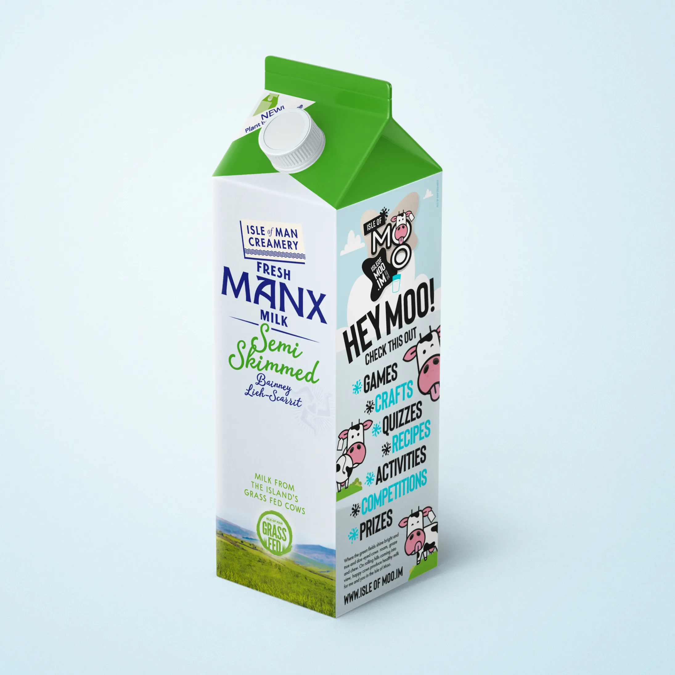 Isle of Man Creamery Fresh Manx Milk semi-skimmed carton showing the Isle of Moo brand on the side panel, promoting games, crafts, quizzes, recipes and isleofmoo.im