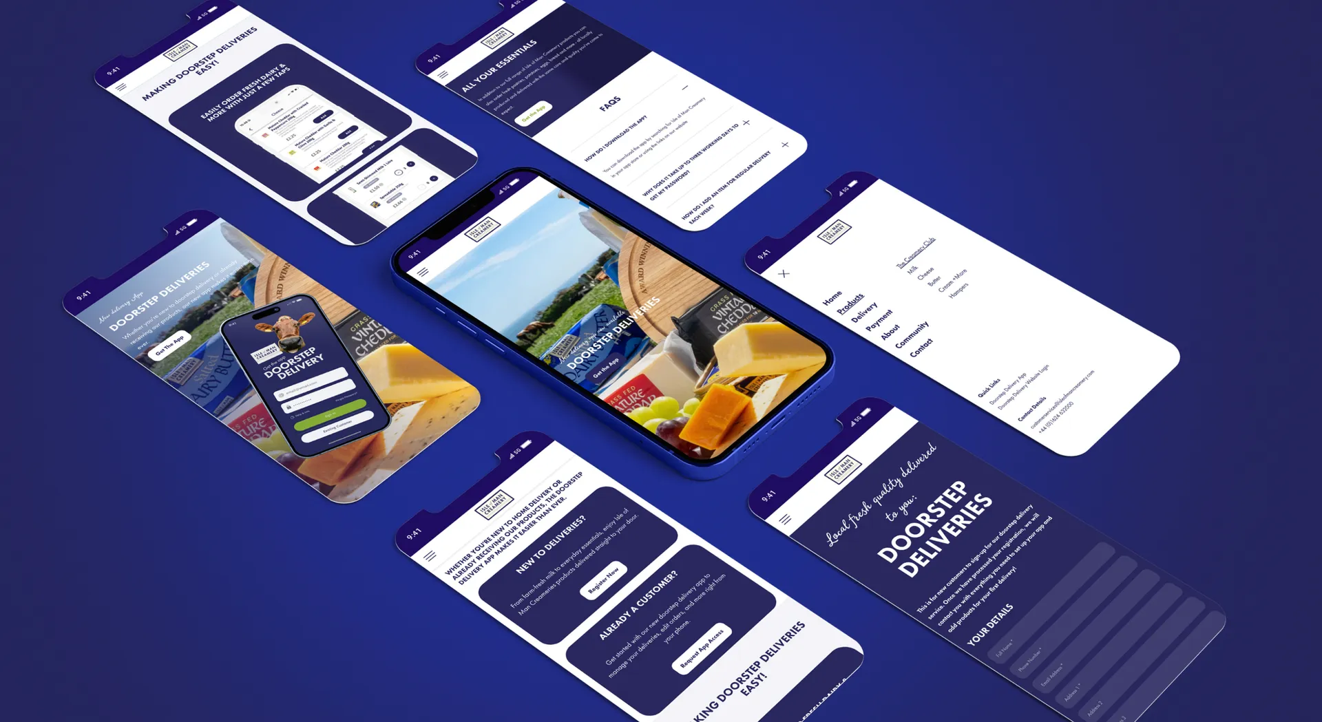 Multiple smartphone screens showing the Isle of Man Creamery Doorstep Delivery app and website designed as part of the DotPerformance campaign, including the homepage, product listings, FAQs, navigation menu, registration, and delivery sign-up pages