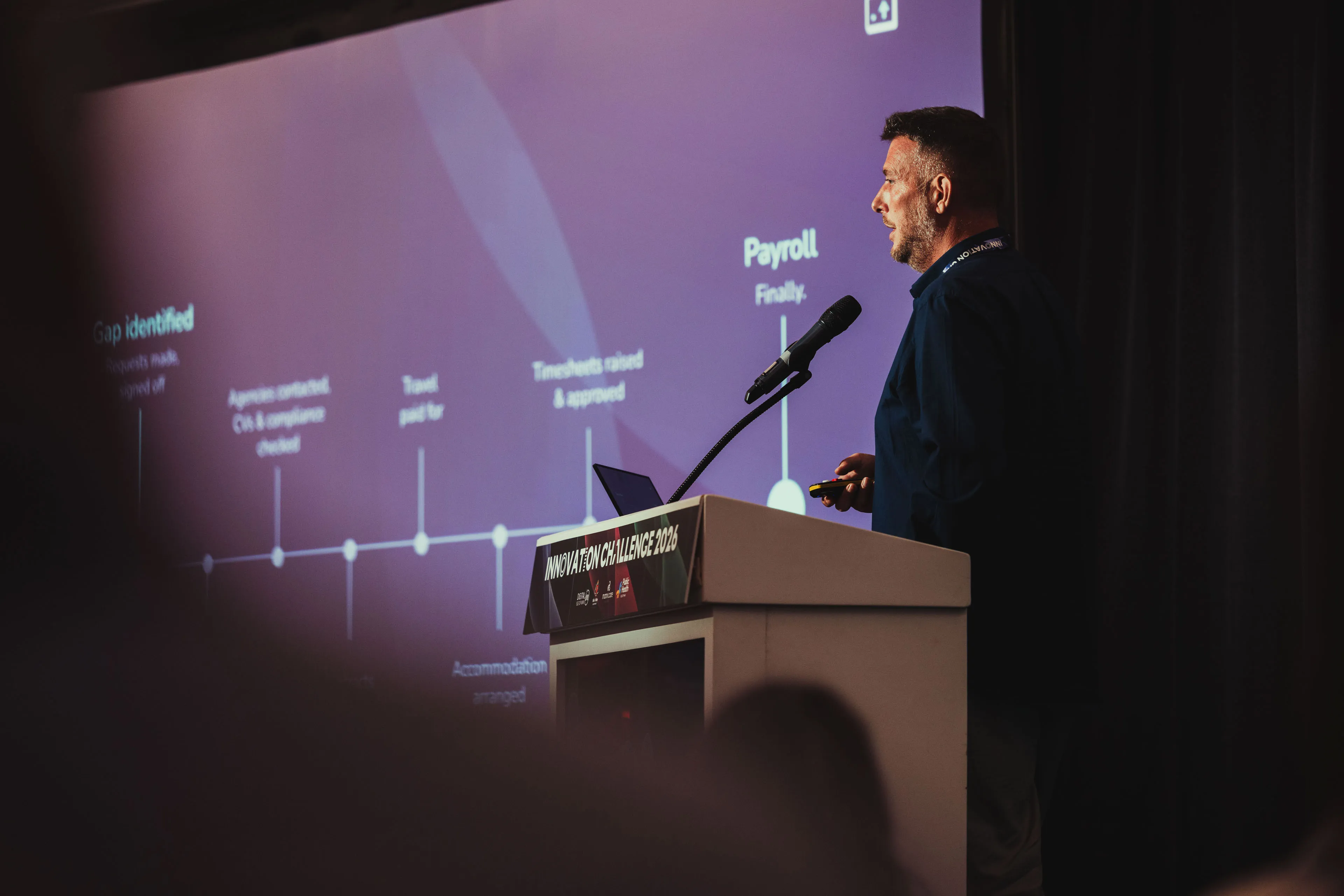 Andy Orton at the podium beside a timeline slide showing workforce steps from gap identified through to payroll
