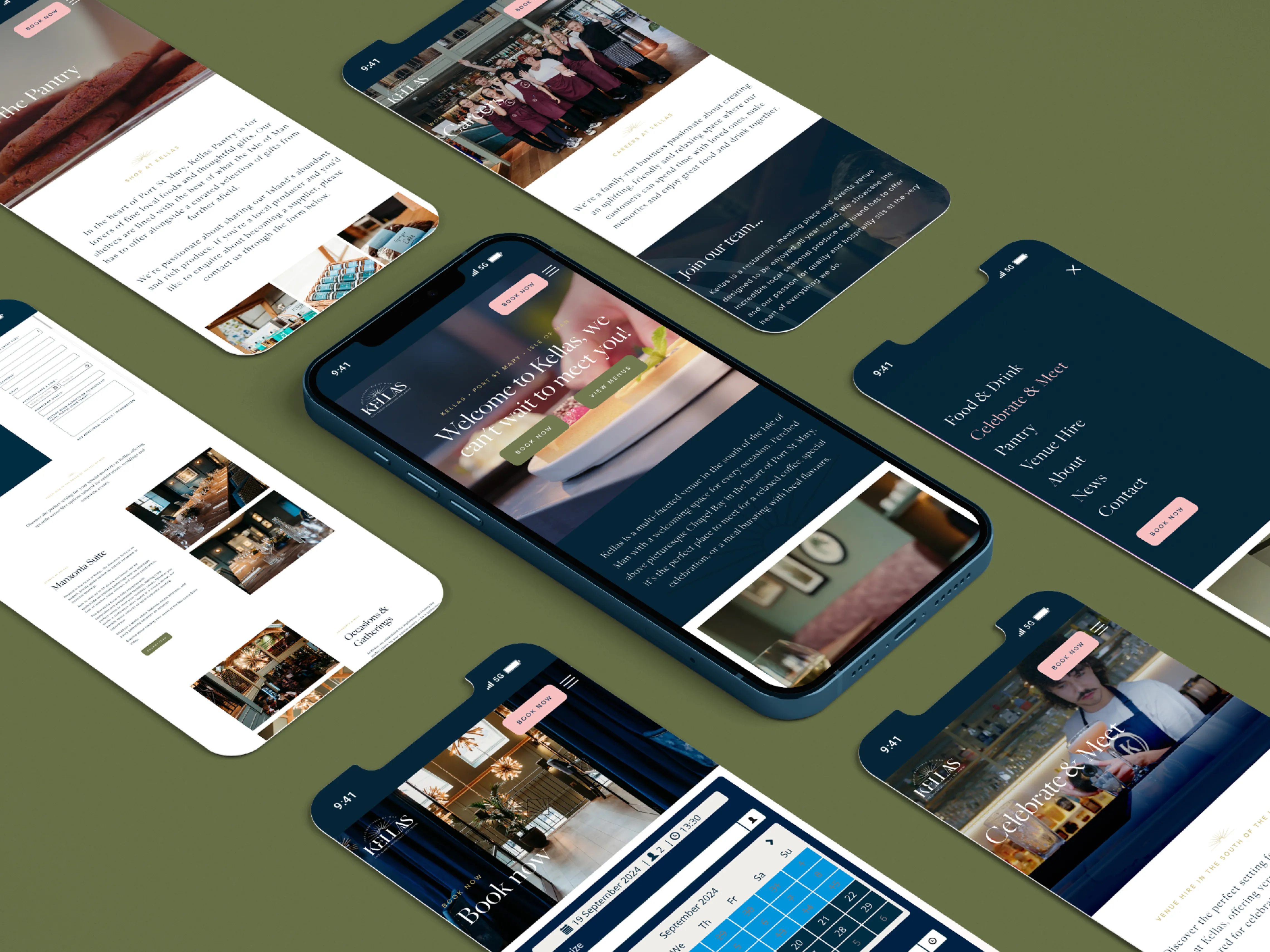 Kellas website designed by DotPerformance shown across multiple mobile screens, displaying the homepage, online booking, Celebrate and Meet page, team and careers section, Pantry page and site navigation for the Port St Mary, Isle of Man venue