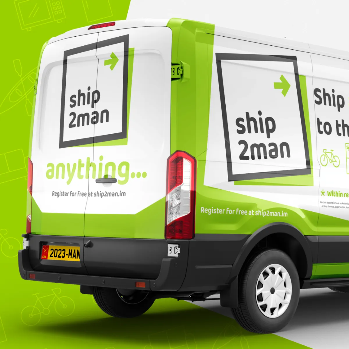 Ship2Man delivery van rear and side panels showing the logo, anything tagline, and ship2man.im web address in green and white livery, Isle of Man registration plate visible, designed by DotPerformance
