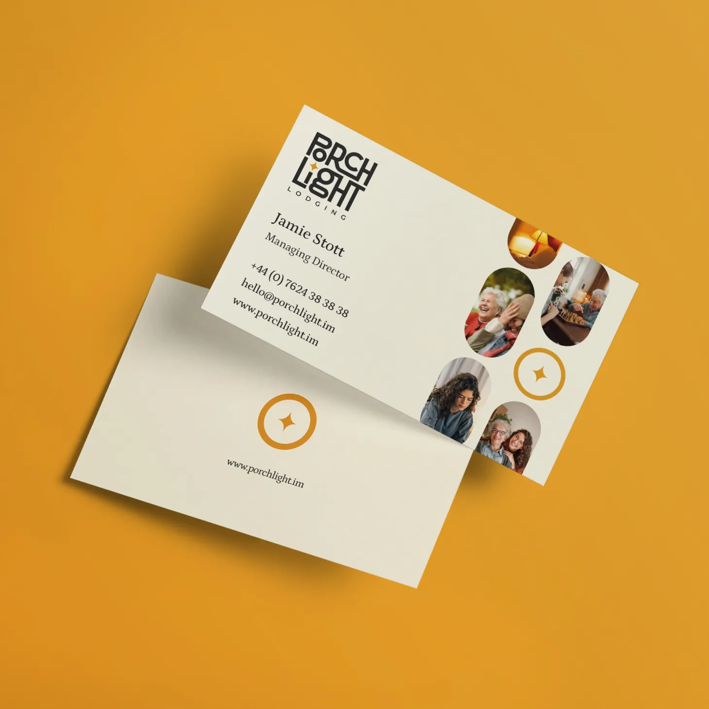 PorchLight Lodging business cards for Jamie Stott, Managing Director, with the star symbol on the reverse, on a gold background