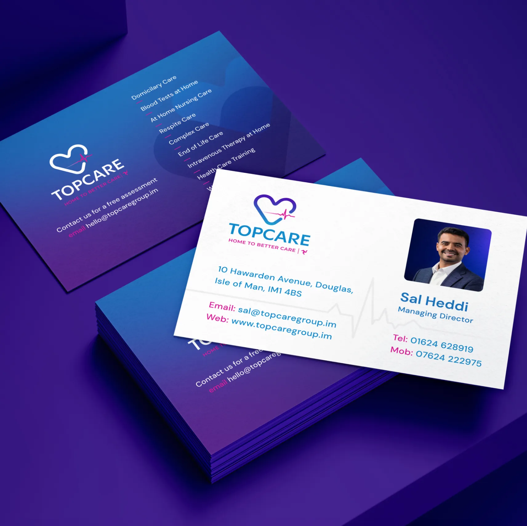 TopCare business cards designed by DotPerformance, showing the front and back design including contact details for Sal Heddi, Managing Director, based in Douglas, Isle of Man