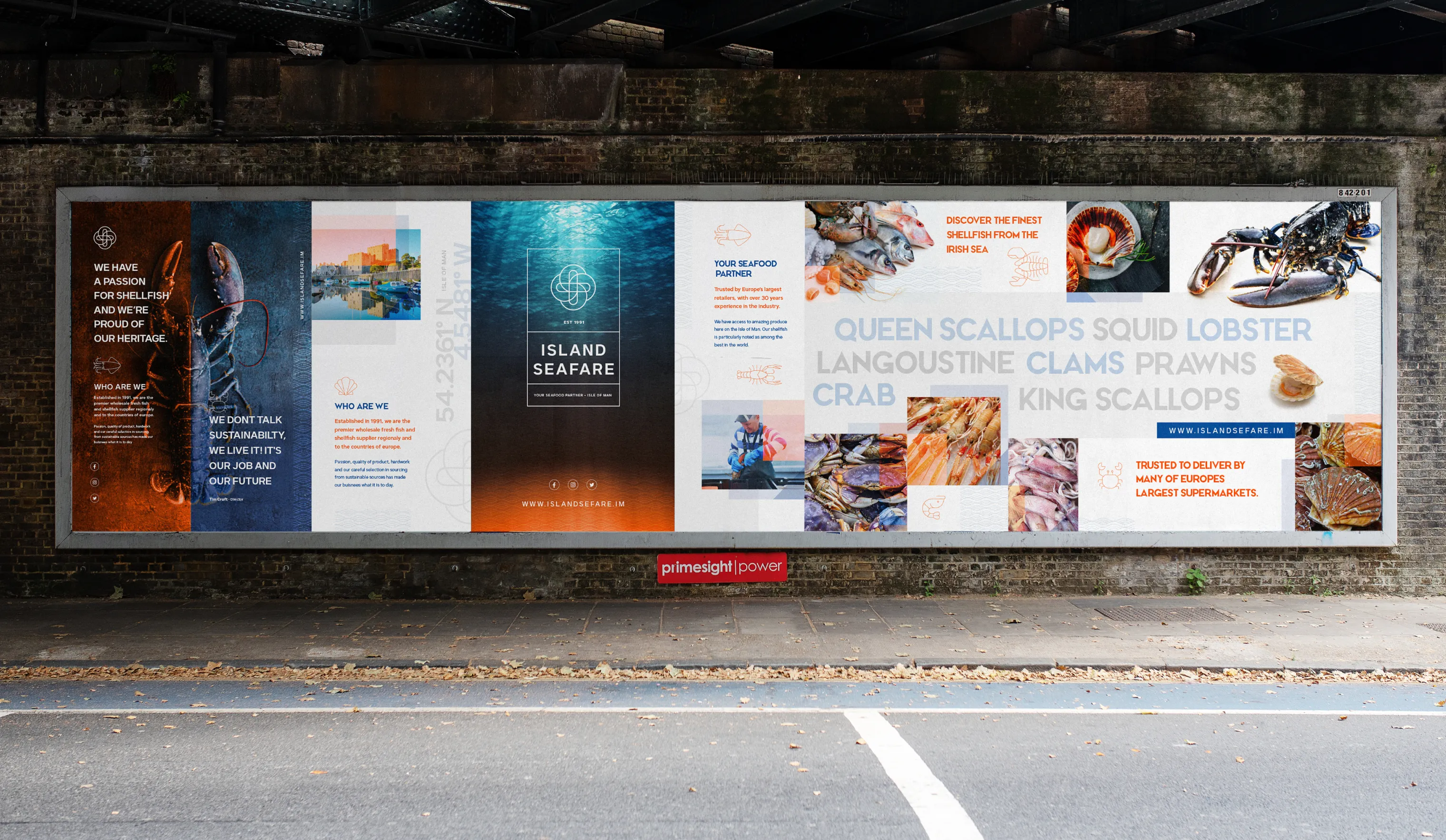 Island Seafare large-format billboard displaying shellfish product photography and the brand's seafood range including queen scallops, squid, lobster, langoustine, clams, prawns, crab and king scallops, designed by DotPerformance