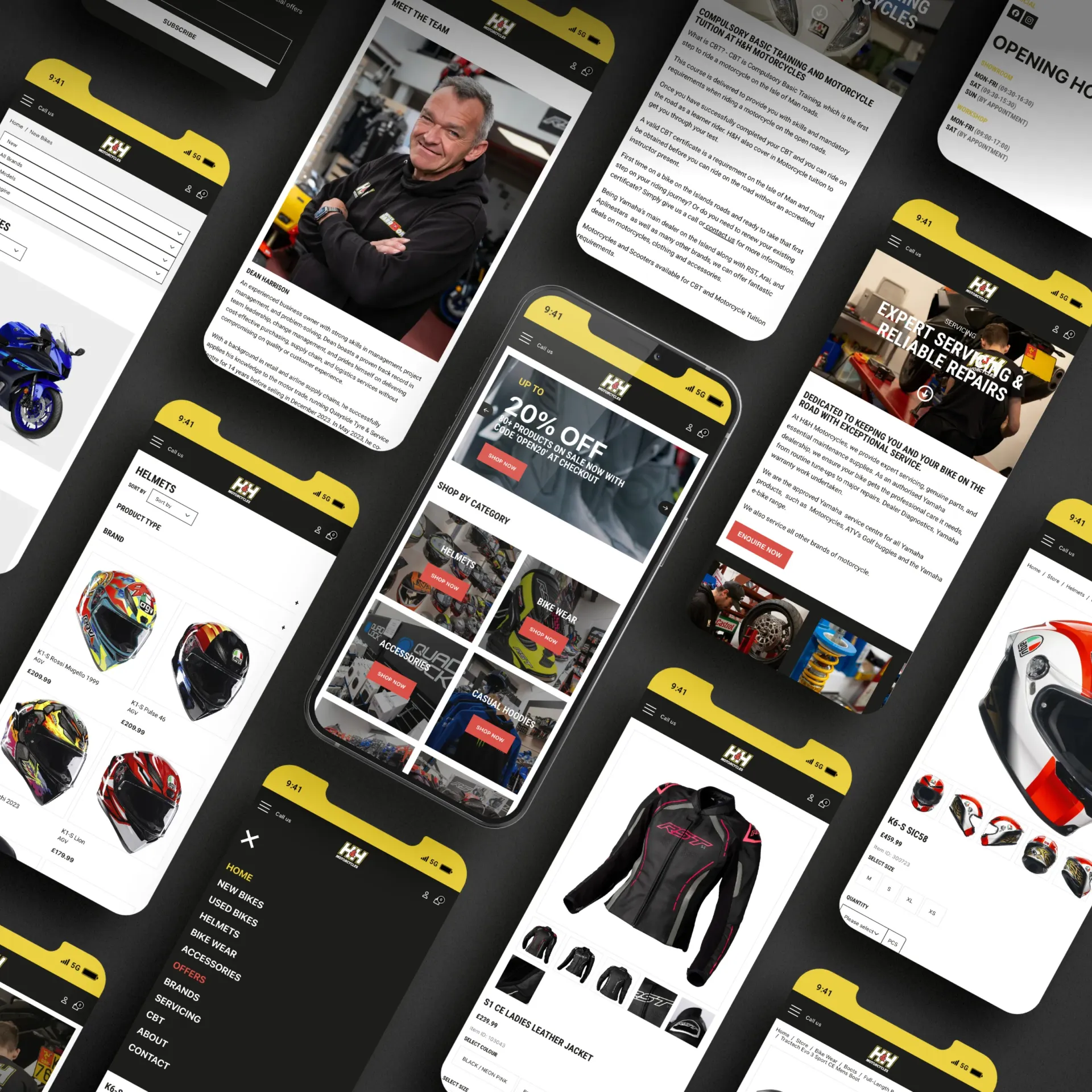H&H Motorcycles mobile website screens showing homepage promotional offer, product categories, helmets listing, meet the team page, servicing page, and product detail pages, built by DotPerformance
