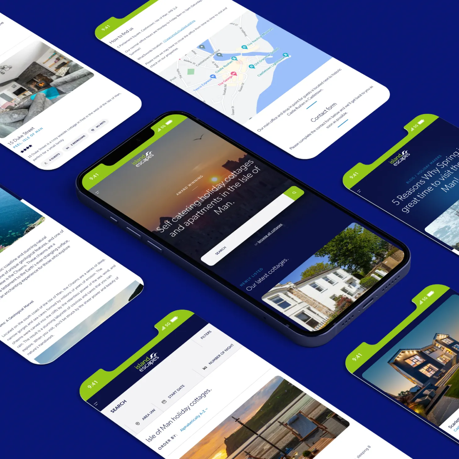 Island Escapes website shown across multiple mobile screens designed by DotPerformance, displaying property listings, search, travel guide content and contact pages for Isle of Man self-catering accommodation