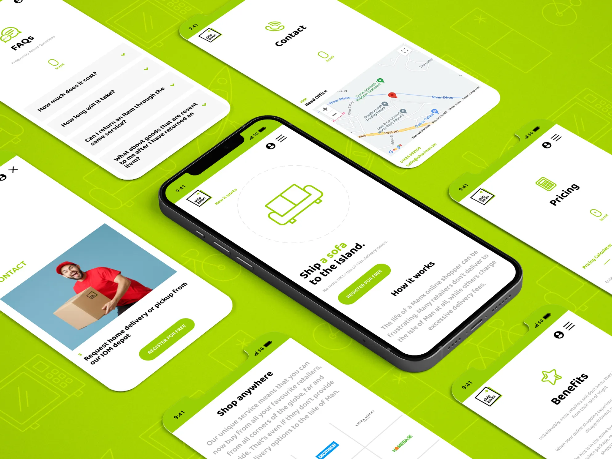 Ship2Man mobile website screens showing the homepage, FAQs, contact page with Isle of Man map, pricing, benefits, and shop anywhere sections, built by DotPerformance