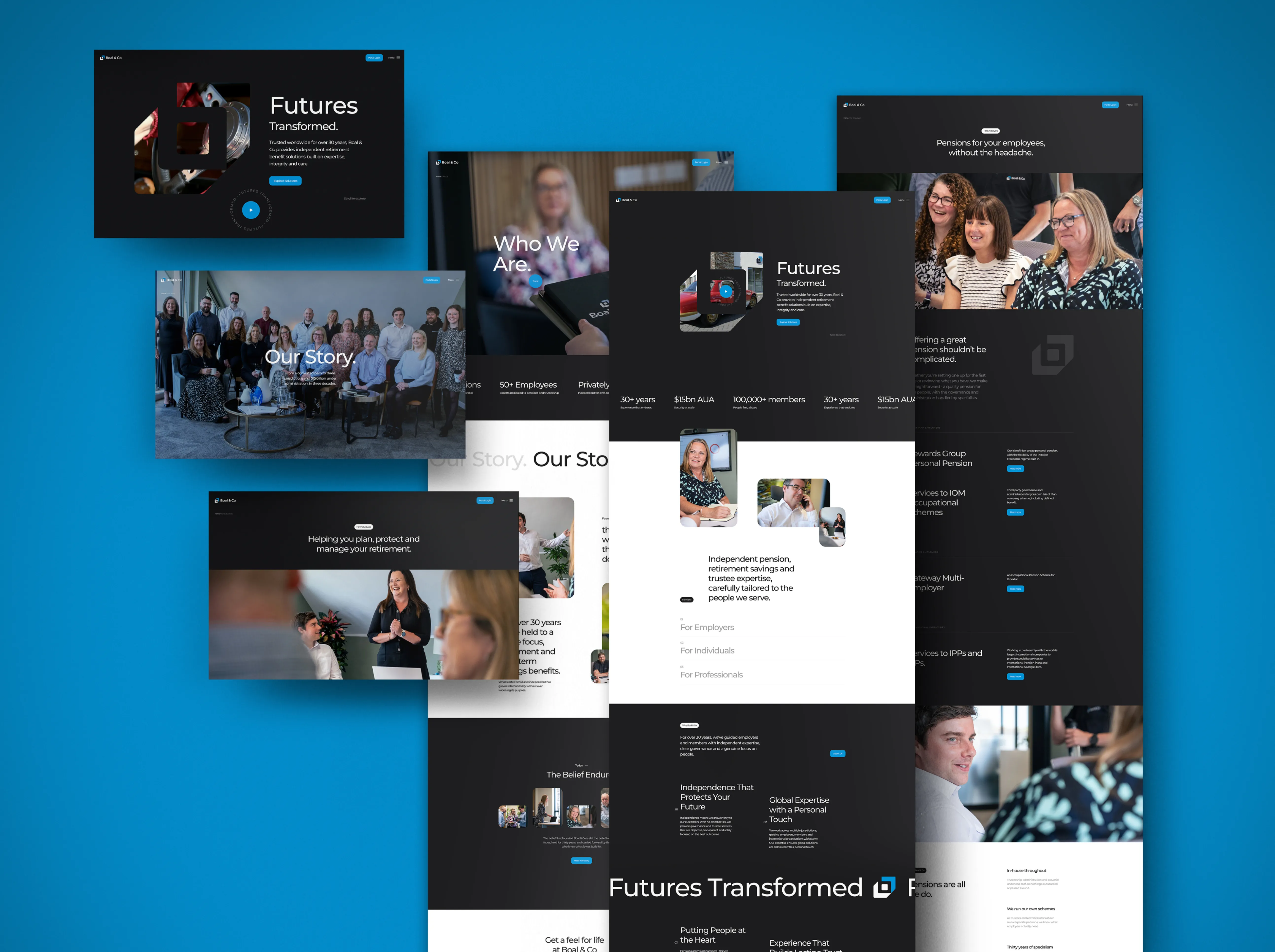 Boal & Co website pages, including the homepage, Our Story with a team photo, Who We Are and an employer pensions page
