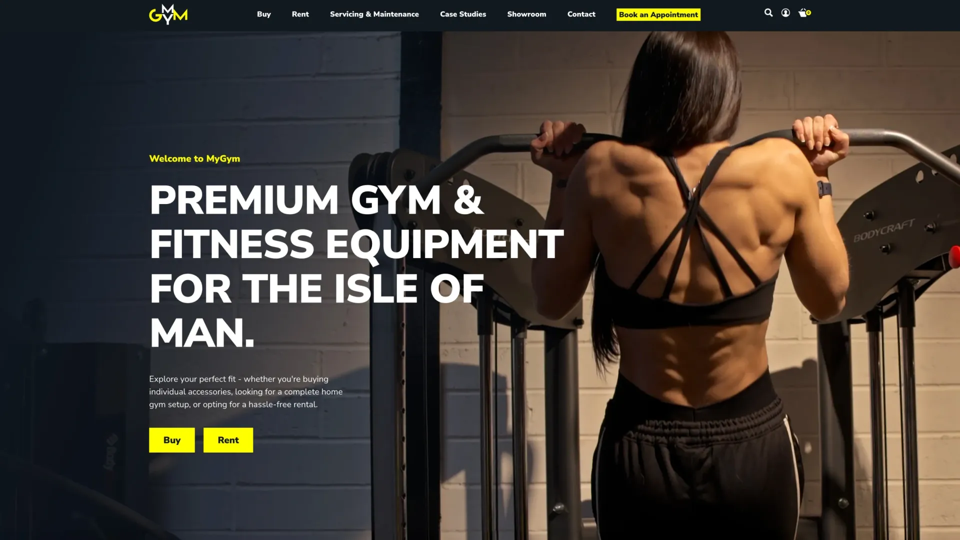 MyGym homepage displayed in a browser showing the hero section with Christie training and the headline Premium Gym and Fitness Equipment for the Isle of Man, designed by DotPerformance