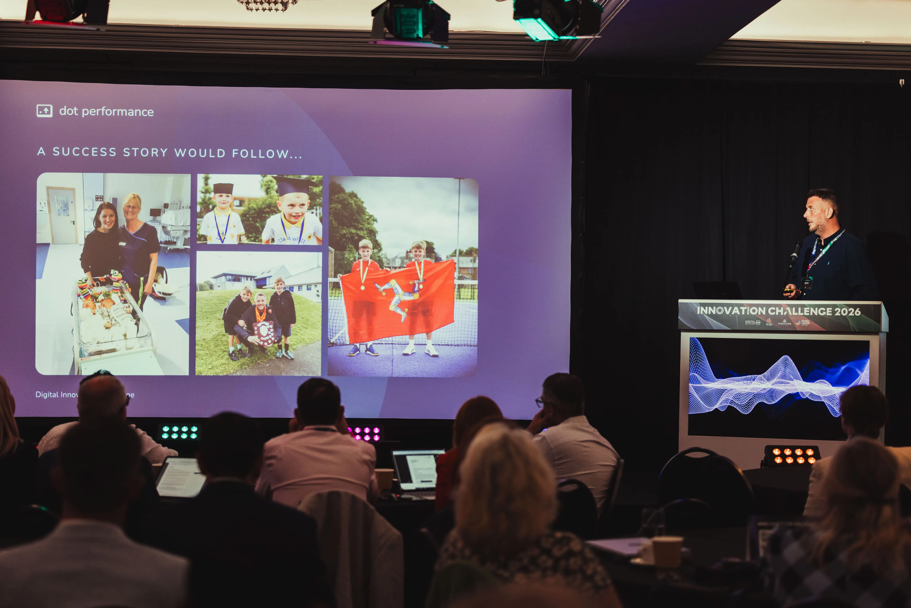 Andy Orton on stage beside a "A success story would follow..." slide showing photos of a family's milestones over the years