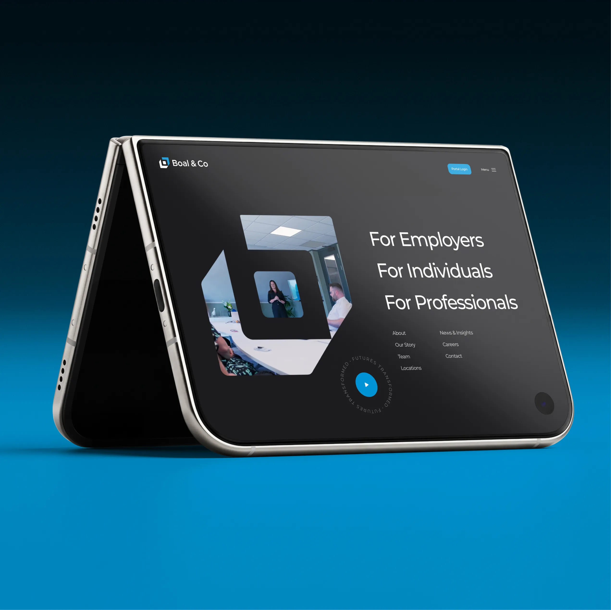 Boal & Co website menu on a foldable tablet, with routes For Employers, For Individuals and For Professionals