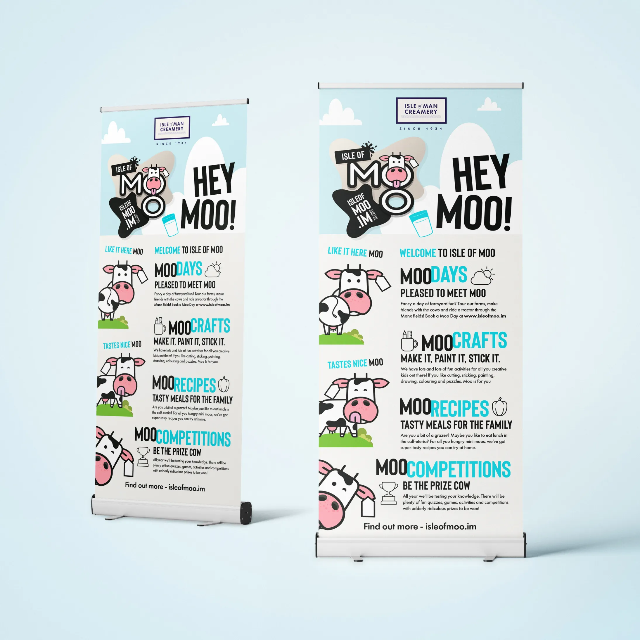 Two Isle of Moo pull-up banners designed by DotPerformance for the Isle of Man Creamery, displaying Moo Days, Moo Crafts, Moo Recipes and Moo Competitions sections with the cartoon cow character