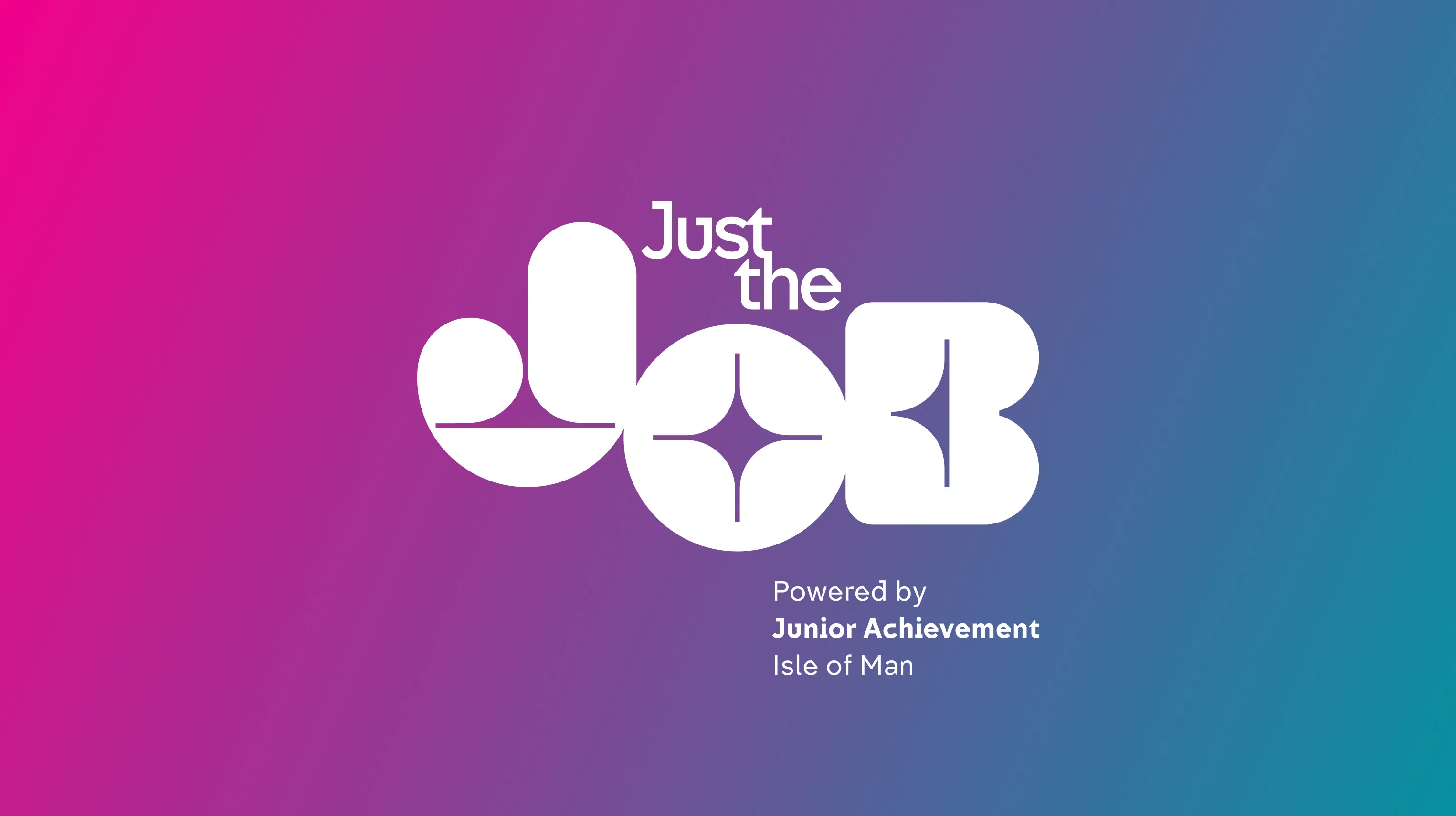 Just the Job wordmark on a pink to teal gradient background, the Isle of Man youth employment platform developed by DotPerformance for Junior Achievement Isle of Man