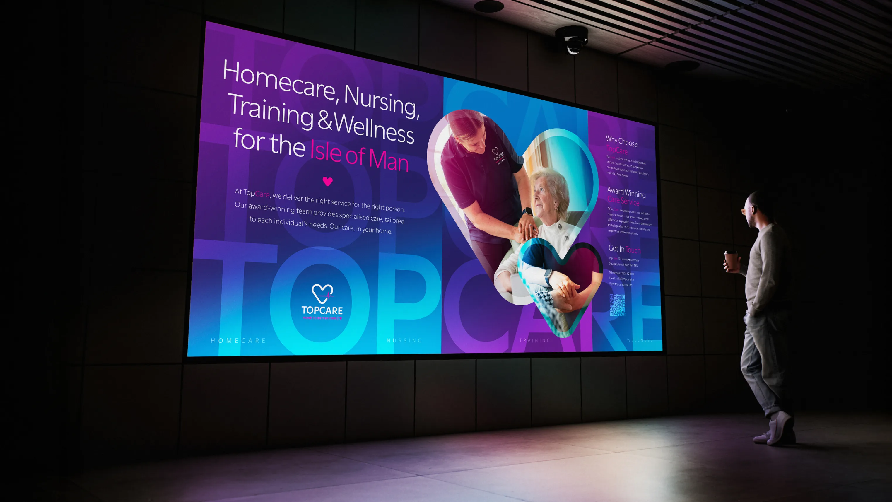 TopCare brand displayed on a large format screen showing homecare, nursing, training and wellness services for the Isle of Man, designed by DotPerformance