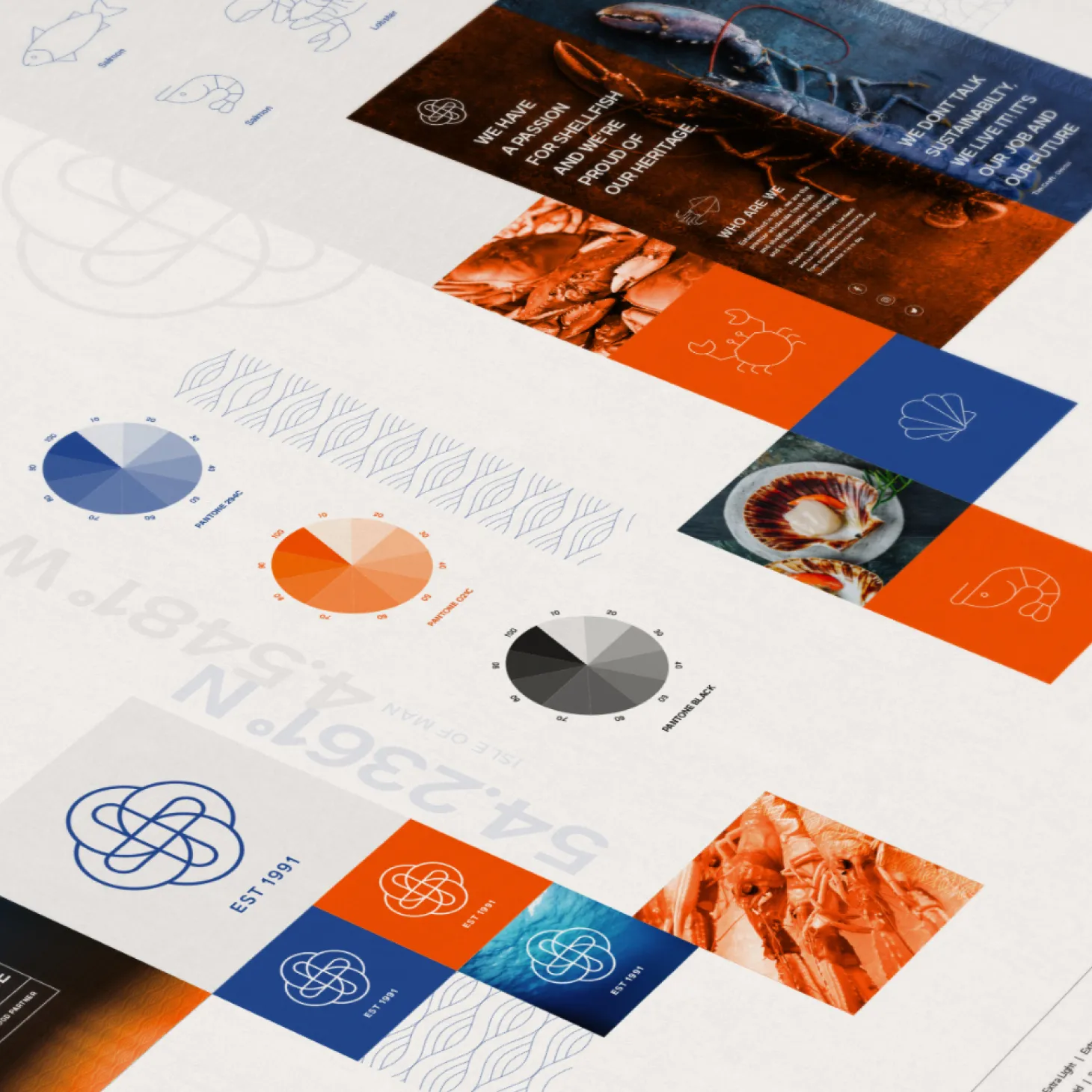 Island Seafare brand guidelines document laid out at an angle showing colour palettes, logo grid, icon set, Isle of Man coordinates typography, and shellfish product photography, designed by DotPerformance