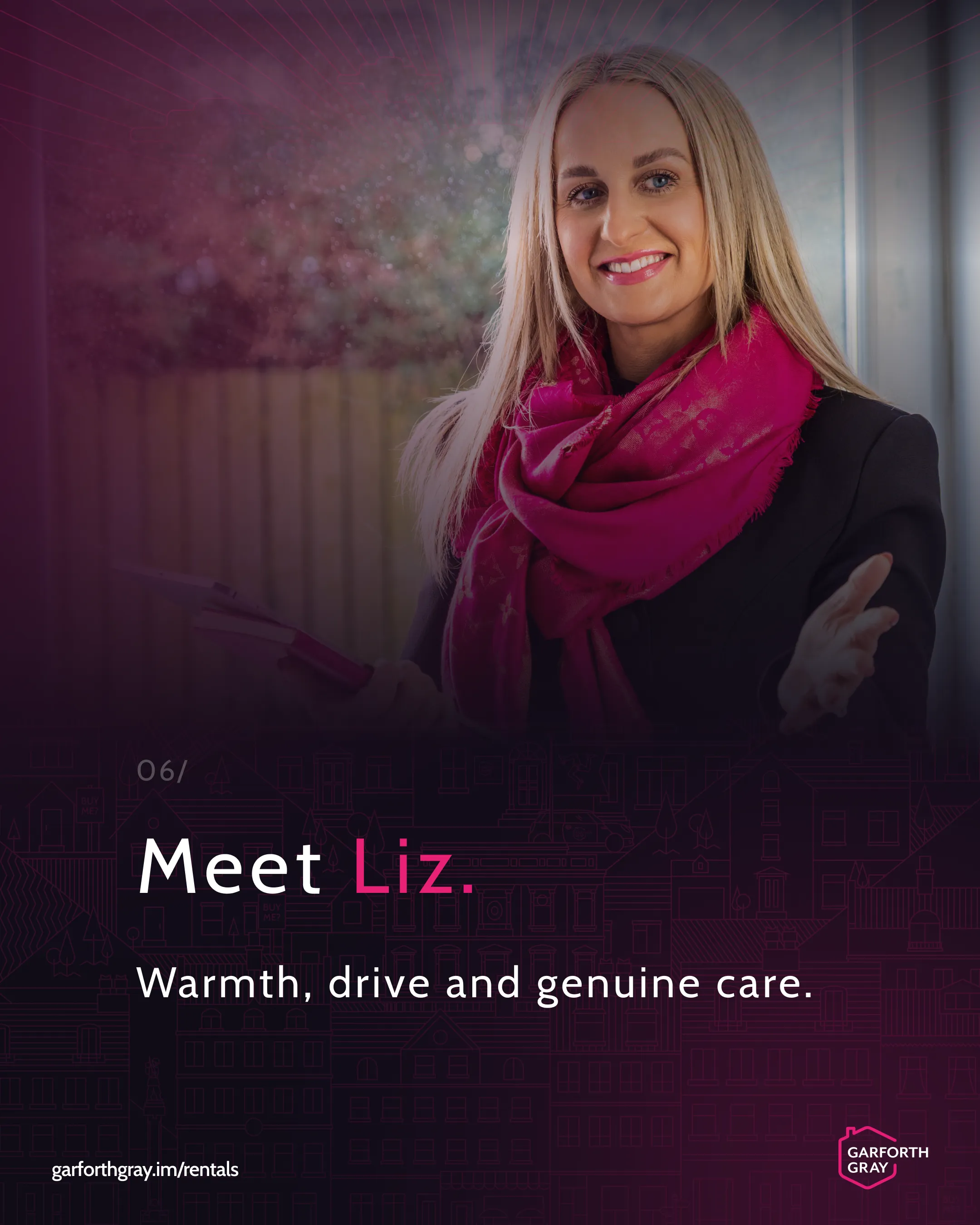 Smiling woman in a pink scarf and dark coat gestures warmly indoors. Text reads "Meet Liz. Warmth, drive and genuine care." Background is cozy.