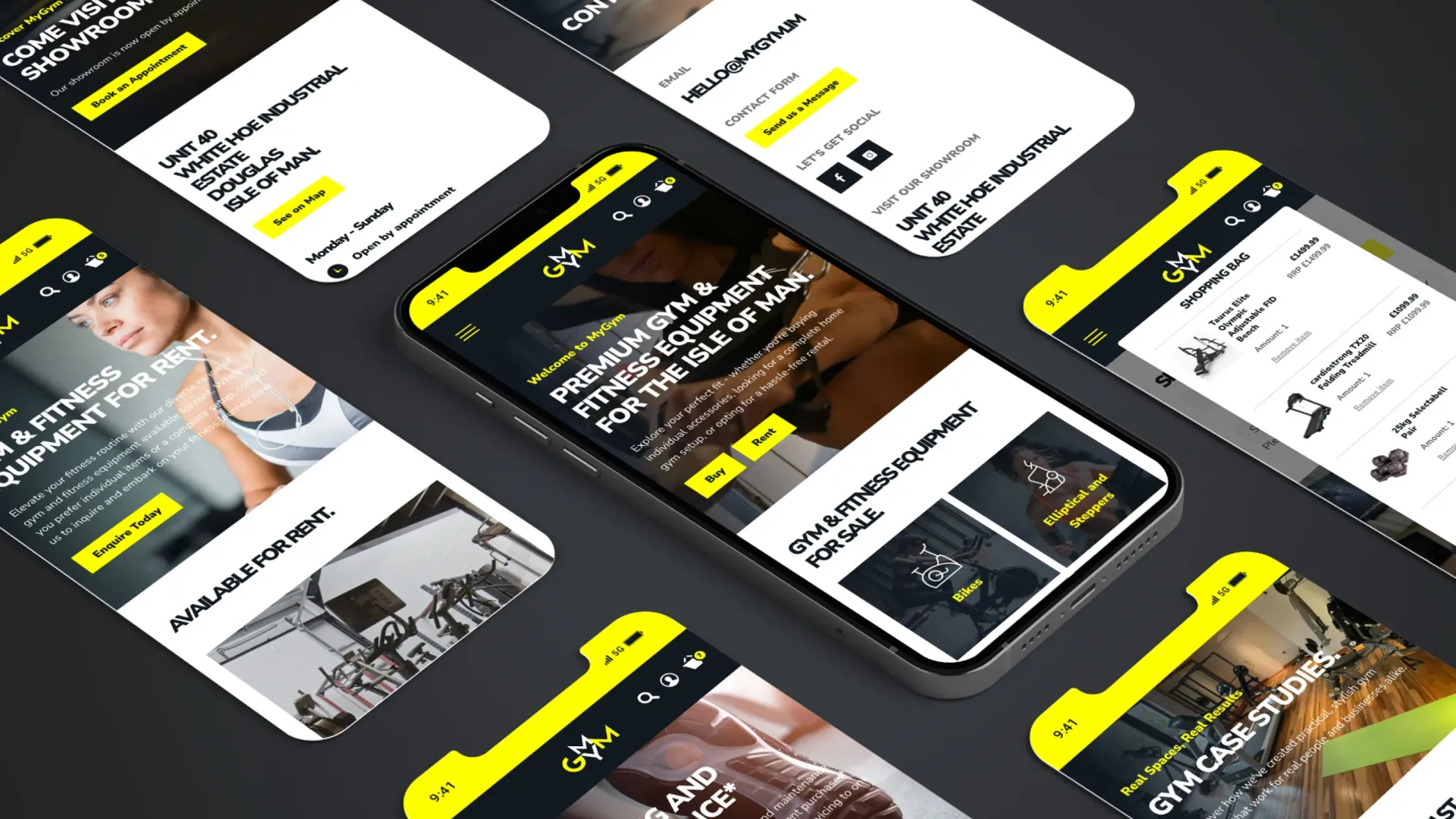 MyGym mobile website pages shown in a diagonal layout including showroom, contact, equipment for rent, homepage, gym case studies, and servicing and maintenance sections, built by DotPerformance