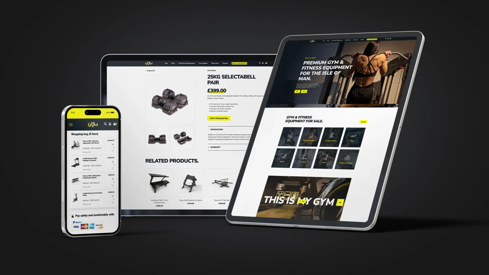 MyGym ecommerce website shown on desktop, tablet, and mobile devices displaying product pages and homepage, built by DotPerformance for MyGym on the Isle of Man