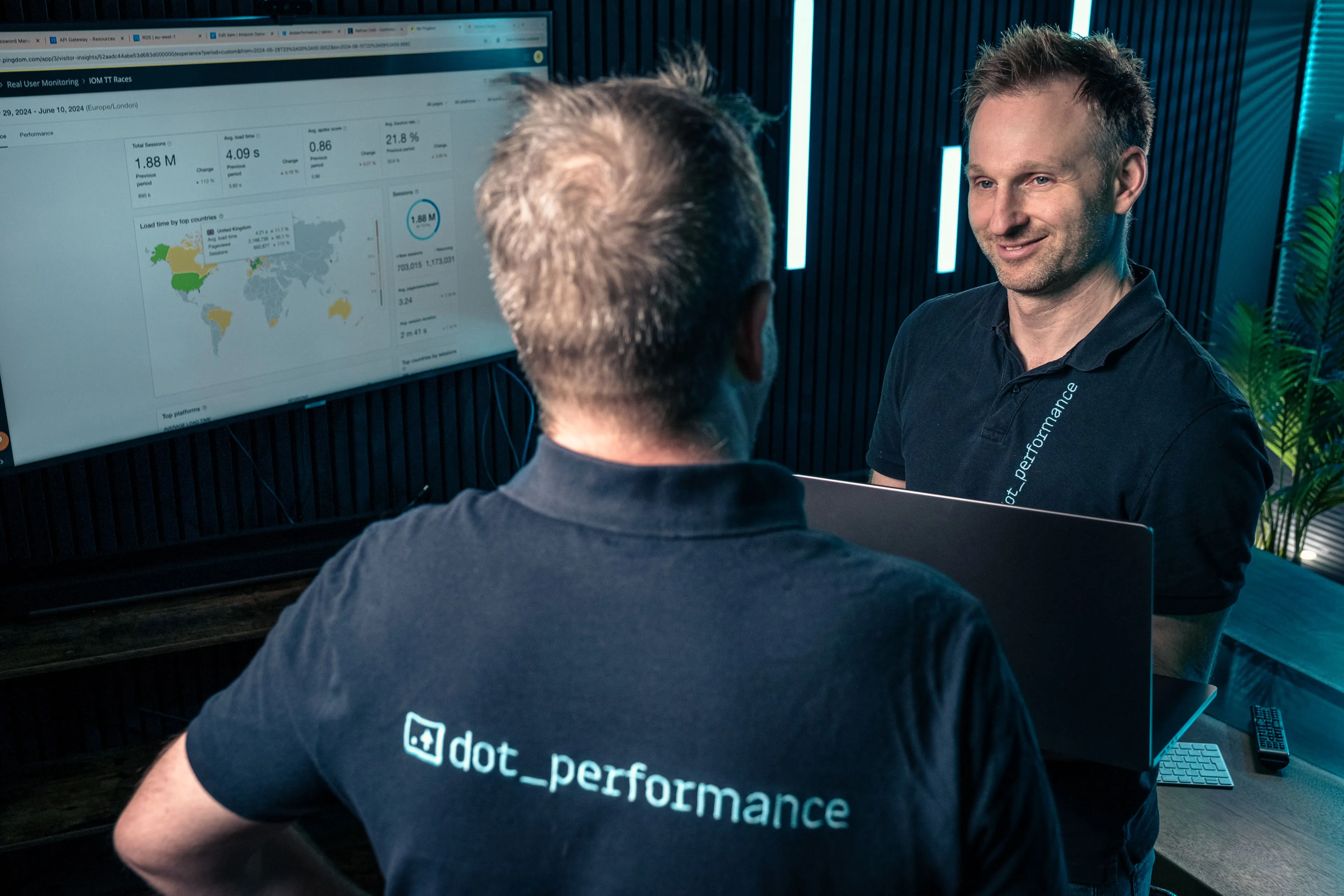 John Beaty discussing real user monitoring data with Simon King at the agency office in Douglas, Isle of Man, with an analytics dashboard showing performance data for the Isle of Man TT Races displayed on a large screen behind them