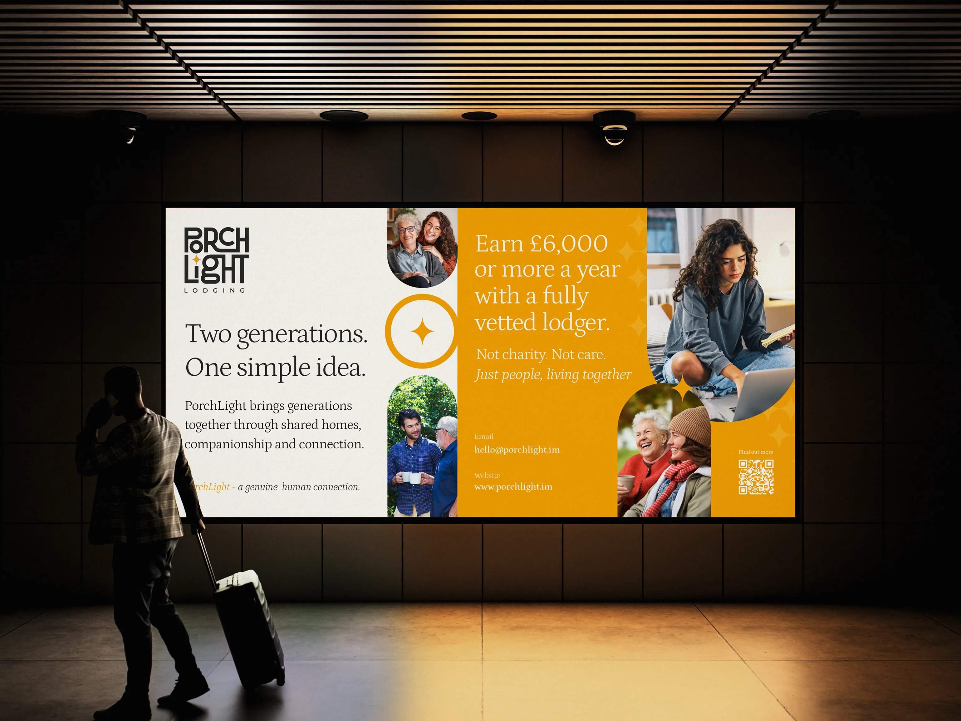 PorchLight Lodging digital billboard reading Two generations. One simple idea. and Earn £6,000 or more a year with a fully vetted lodger, in an indoor concourse