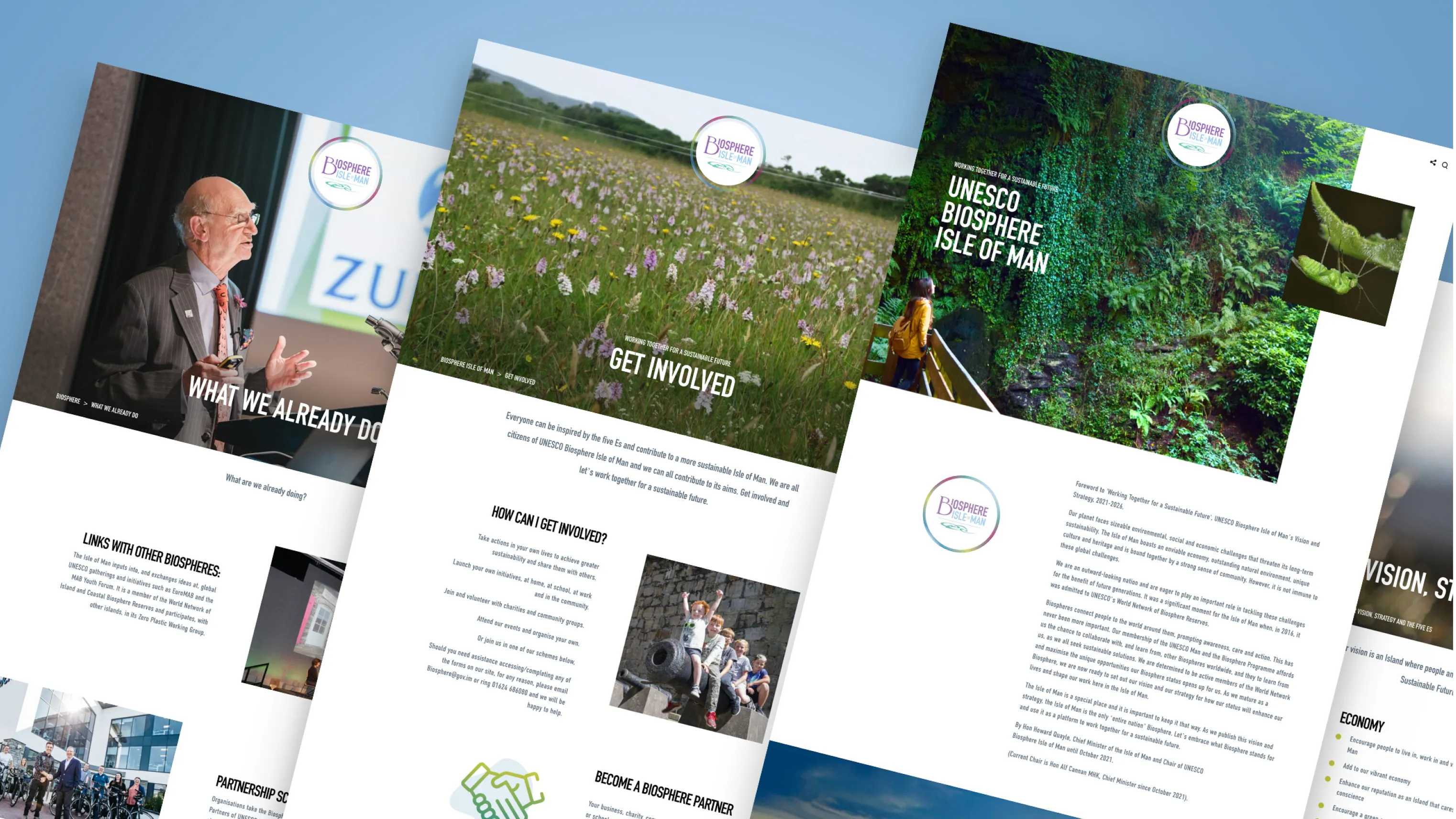 Biosphere Isle of Man website shown across three browser screens displaying what we already do, get involved, and UNESCO Biosphere Isle of Man pages with Isle of Man wildflower meadow and rainforest photography, designed by DotPerformance
