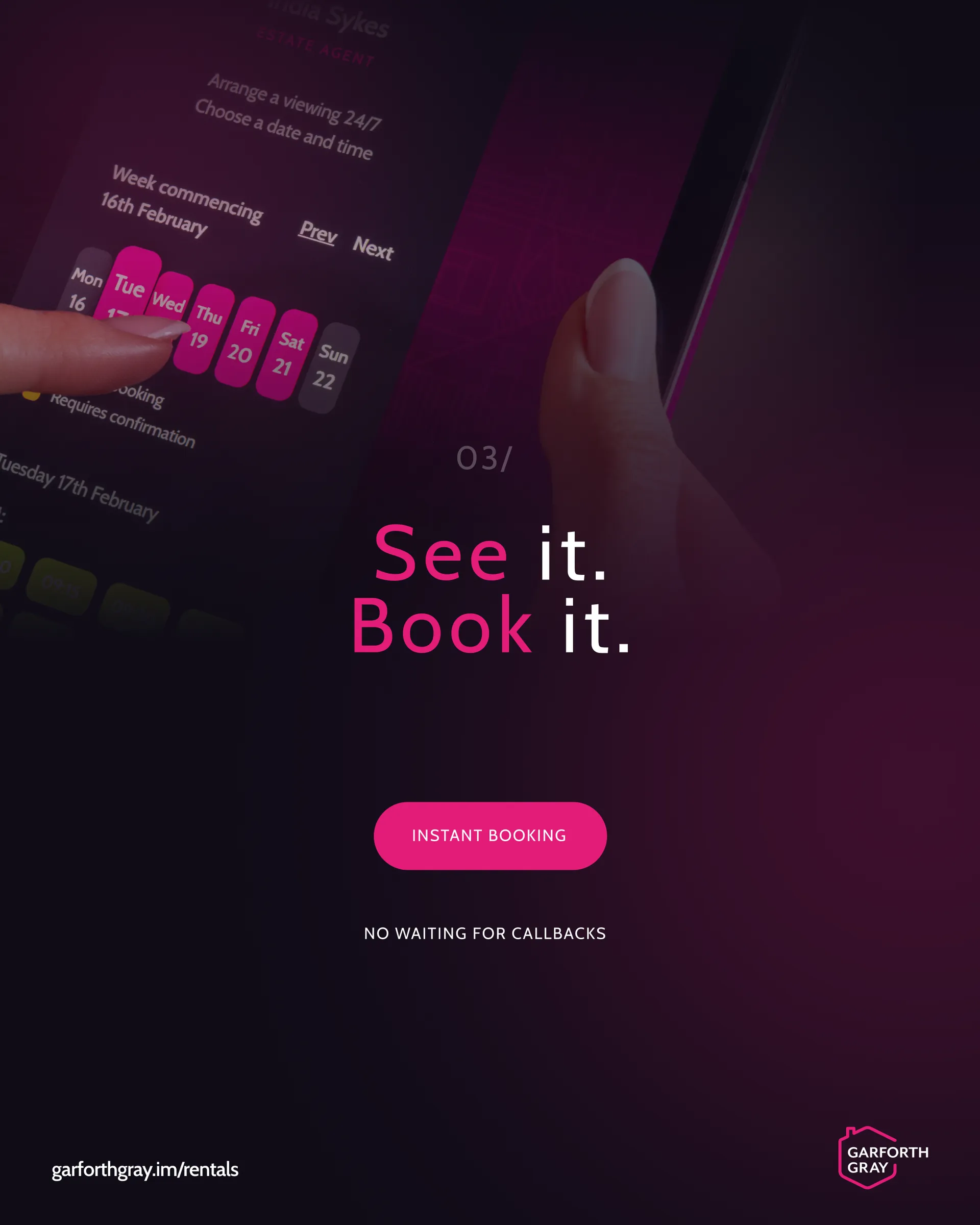 Finger selecting a date on a calendar app with bright pink accents on a dark screen. Text reads, "See it. Book it." Mood: modern, efficient.
