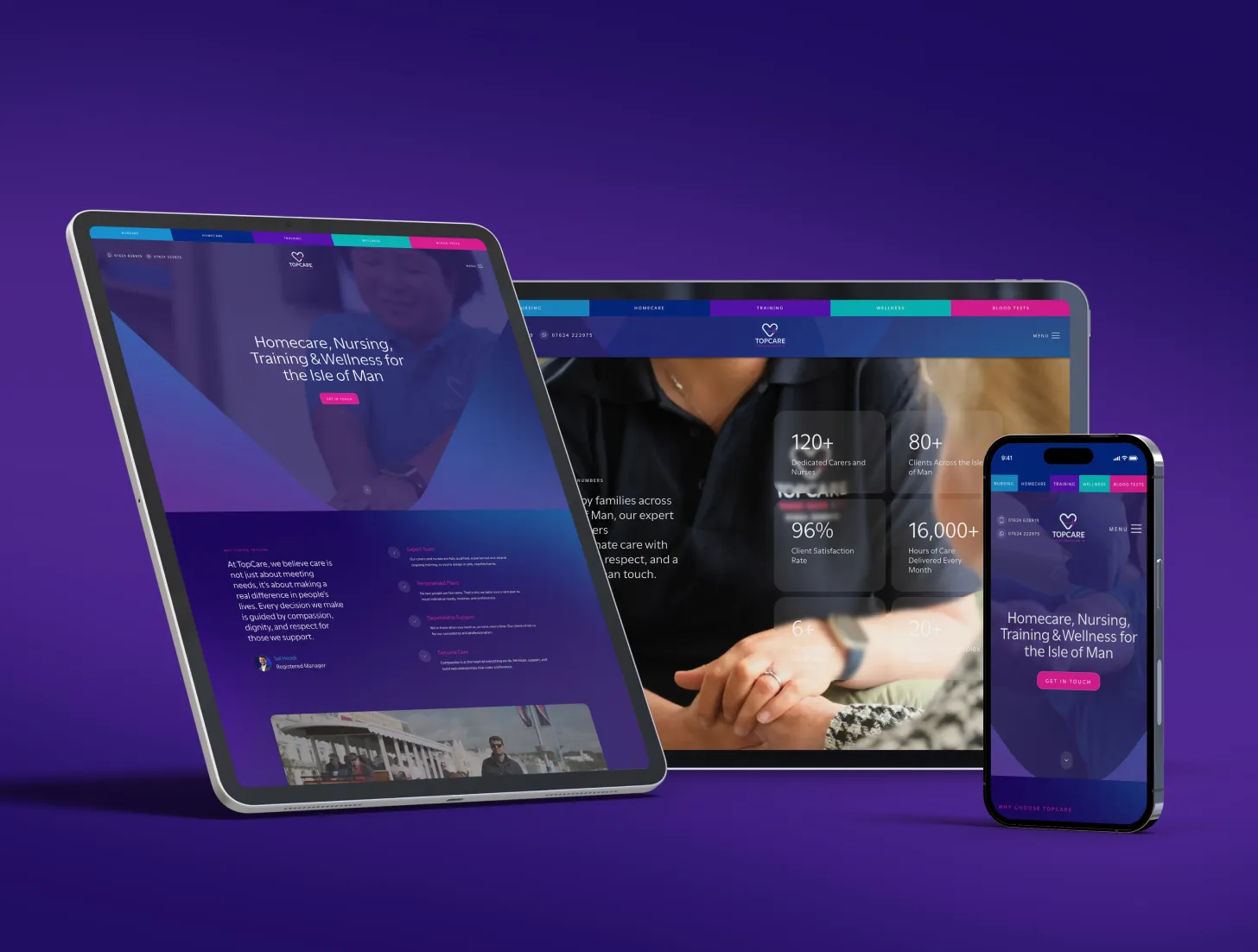 TopCare website displayed across tablet, desktop and mobile showing homecare, nursing, training and wellness services for the Isle of Man, designed and developed by DotPerformance