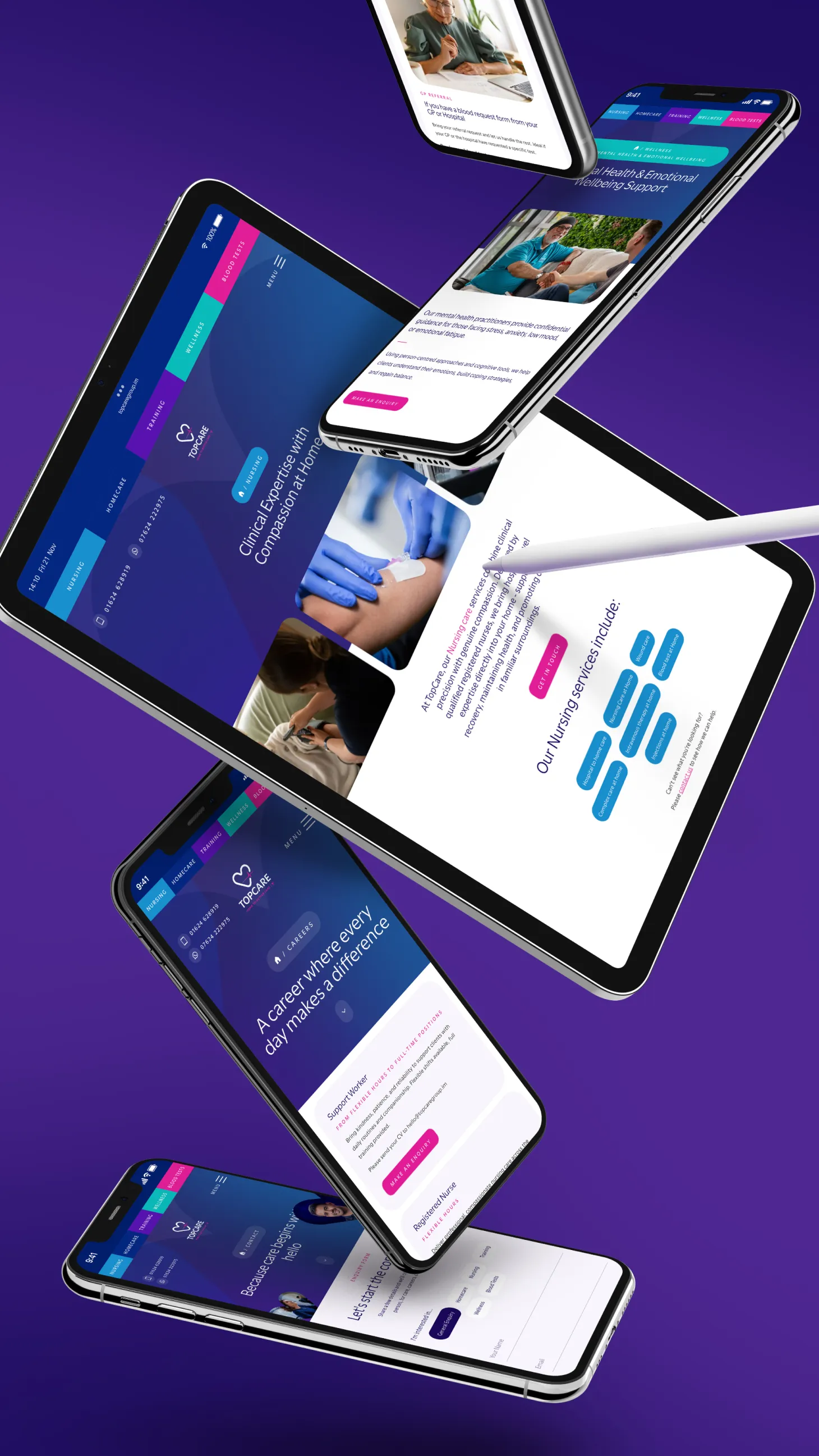 Angled flatlay of a tablet and mobile phone showing TopCare's homecare website UI with purple branding and design elements