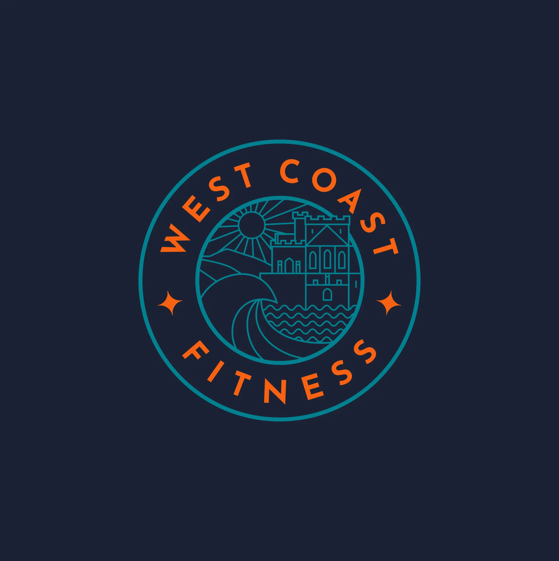 West Coast Fitness logo on navy, designed by DotPerformance as part of the brand identity for the Peel fitness centre on the Isle of Man