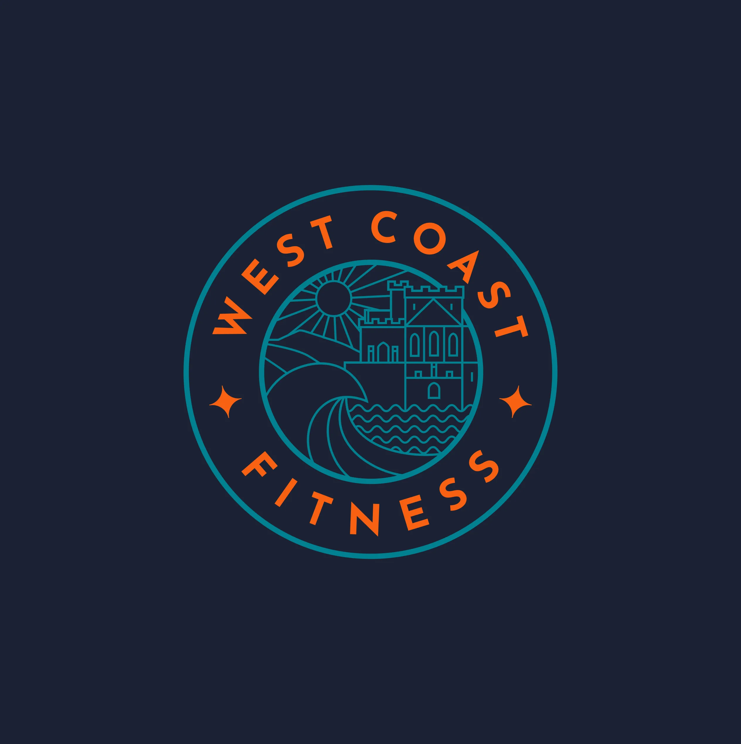 West Coast Fitness logo on navy, designed by DotPerformance as part of the brand identity for the Peel fitness centre on the Isle of Man